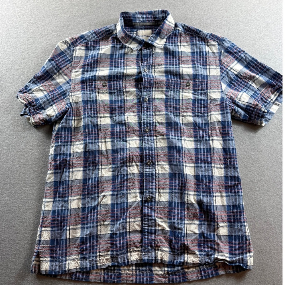 Tommy Bahama Button Down Men Large Blue Plaid Silk Cotton Short Sleeve